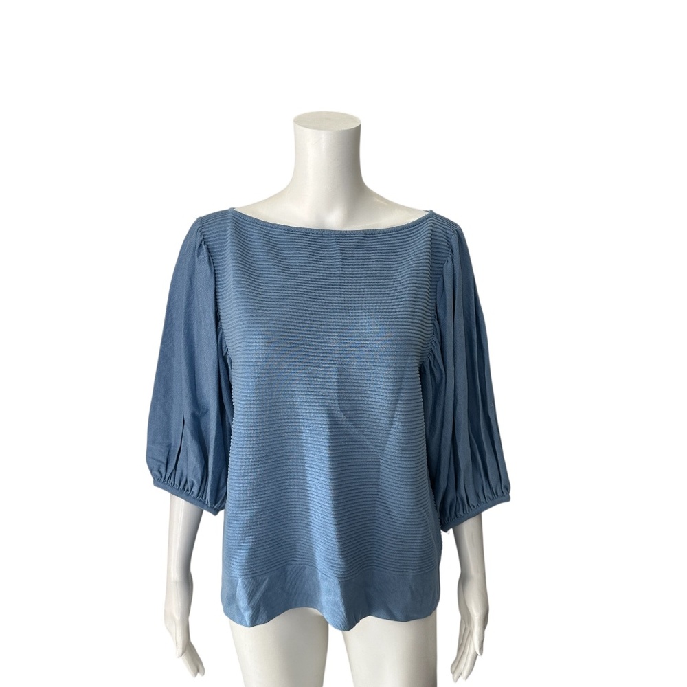 NWT $850 Escada Baby Blue Boat Neck Pleated Blouse Size 44/US 14